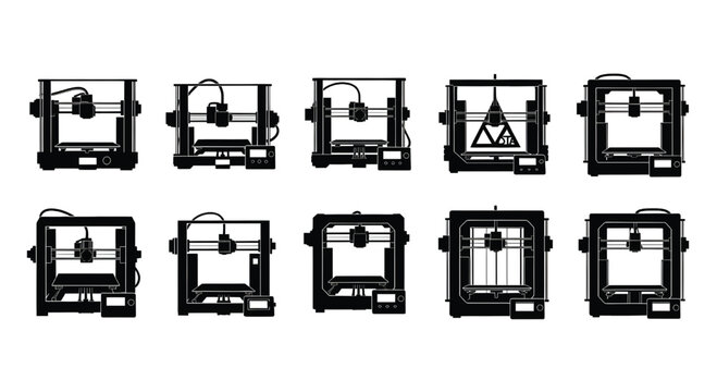 A collection of various 3D printer designs on a white background