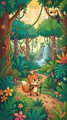 Obraz premium Vertical illustration of a cute cartoon fox hiking in a lush jungle. Happy animal character walking