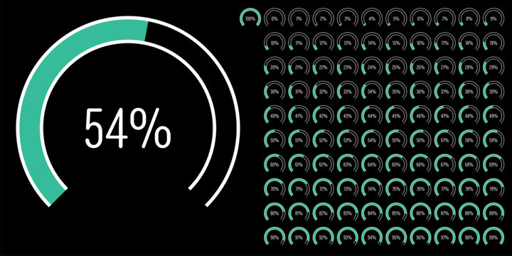 Set of circular sector arc percentage diagrams meters progress bar from 0 to 100 ready-to-use for web design, user interface UI or infographic - indicator with green