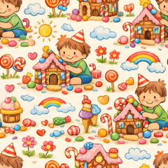 Obraz premium Hand Drawn Candy Land Seamless Pattern with Gingerbread Houses and Children