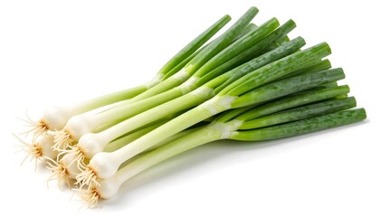 Obraz premium Fresh green onions with roots and white bulbs on a clean white background