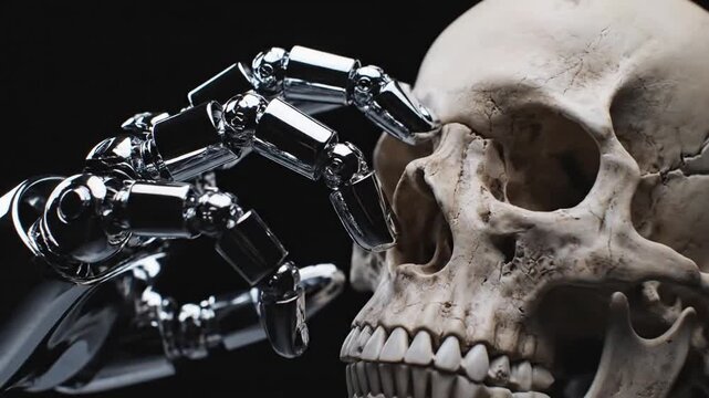 Robot hand touches human skull closely.