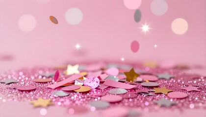 Obraz premium Sparkling pink confetti and stars scattered on a soft pink background with bokeh lights