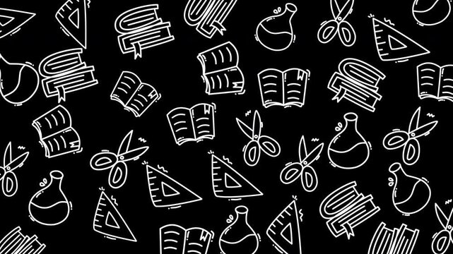 chalkboard style illustration featuring handdrawn books scissors geometry shapes and classroom icons for school learning and education themed projects