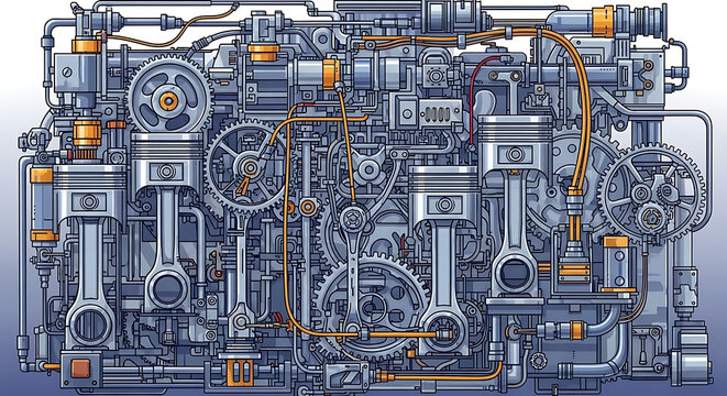 Industrial engine blueprint with highlighted components