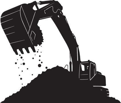 Excavator digging and moving earth with large bucket outdoors