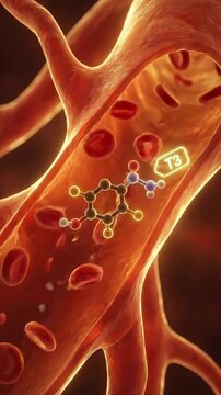 Thyroid hormone t3 t4 molecule floats in blood vessel artery vein with red blood cell flowing inside vessel showing endocrine medical concept metabolism health science anatomy illustration