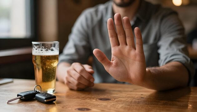 Man refuses to drink alcohol and drive, holding up hand with car keys and beer