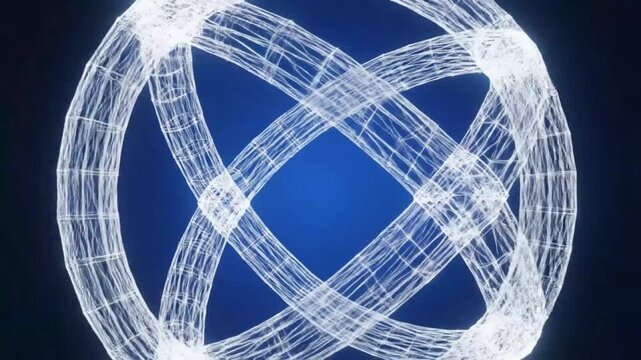 Abstract futuristic 3D wireframe animation of a rotating three-dimensional torus shape against a dark blue background