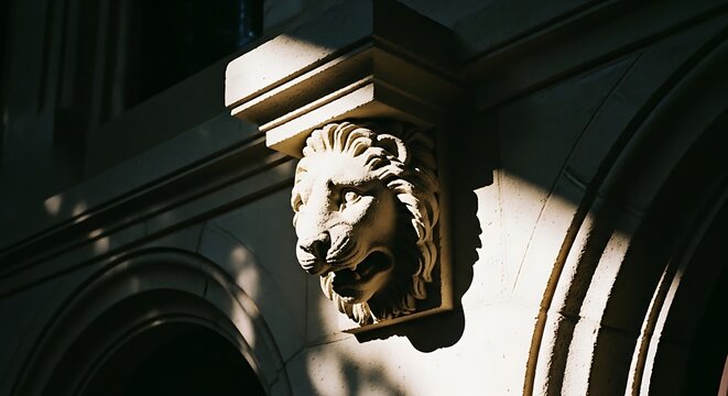 Majestic Stone Lion Head Carving on Building Facade