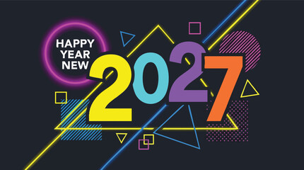 Naklejka premium 2027 Happy New Year Colorful Memphis Style Geometric Background