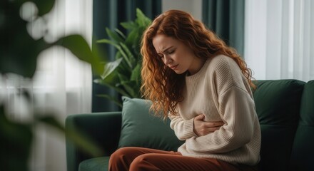 Obraz premium Woman with stomach pain sitting on couch