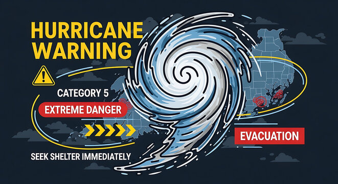 Hurricane warning sign with category 5 extreme danger evacuation