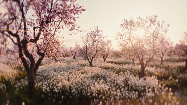 Cinematic 4K aerial drone footage flying thru blooming almond orchard at sunrise, pink blossoms glowing above a dense white wildflower field. Idyllic spring countryside landscape, agriculture, renewal