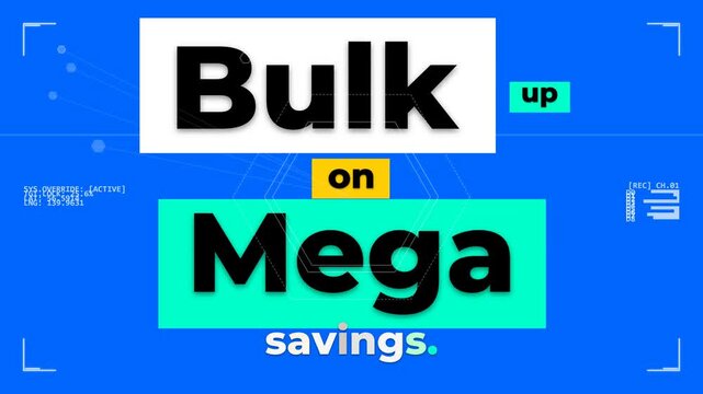 Dynamic Mega Sale Motion Graphic advertising bulk savings on a digital blue background
