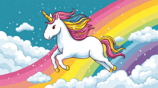 Magical unicorn flying in the sky with a colorful rainbow and fluffy clouds, fantasy illustration with stars and vibrant colors