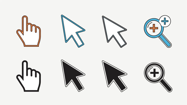 Comprehensive set of computer mouse cursor icons and magnifying glass zoom tools in various styles and colors for web design.