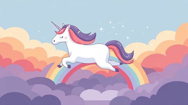 Cute unicorn galloping over a rainbow in the sky with colorful clouds