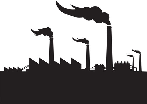 Industrial factory, smokestack, pollution, silhouette, black and white, vector illustration, environmental impact, manufacturing plant