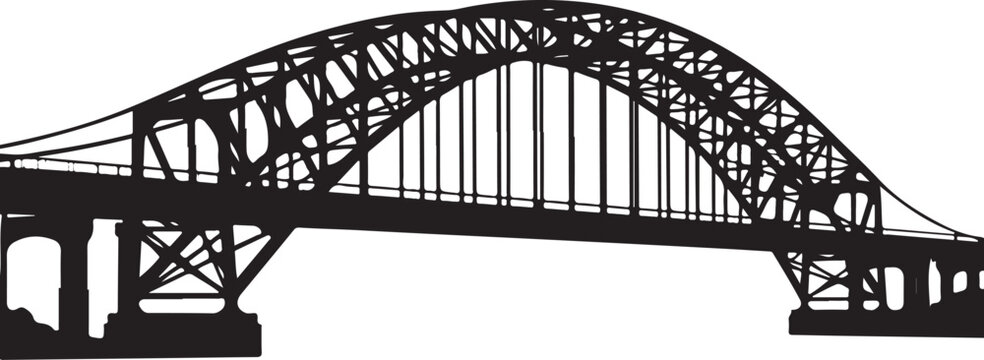 Black silhouette steel bridge, industrial metal arch bridge, vector illustration, construction design element