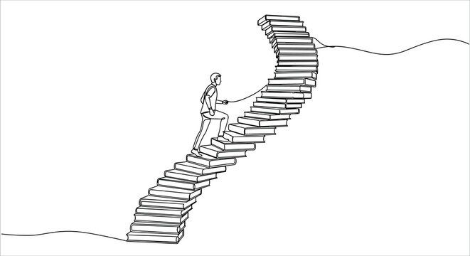 A single person walks up a curving staircase made of stacked books on a plain white background.