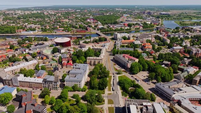 Aerial view of Liepaja, Latvia showing Great Amber hall and city canal