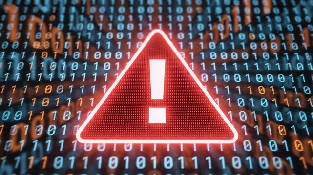 Red warning triangle on binary code background