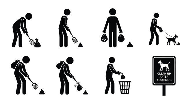 Stick figures depict people cleaning up after dogs in a park