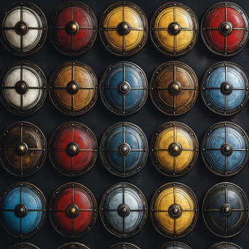 Medieval round shields pattern in vibrant colors and battle design