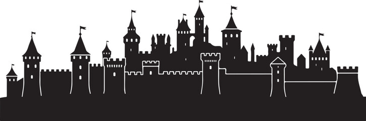 Fototapeta premium Black castle silhouette, medieval fortress, tower skyline, vector illustration