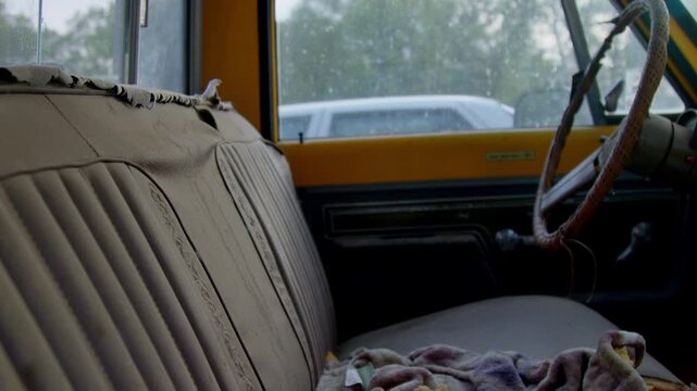 Close up of a torn and worn seat inside an old truck interior, showing damage, aging materials, and neglect in natural light