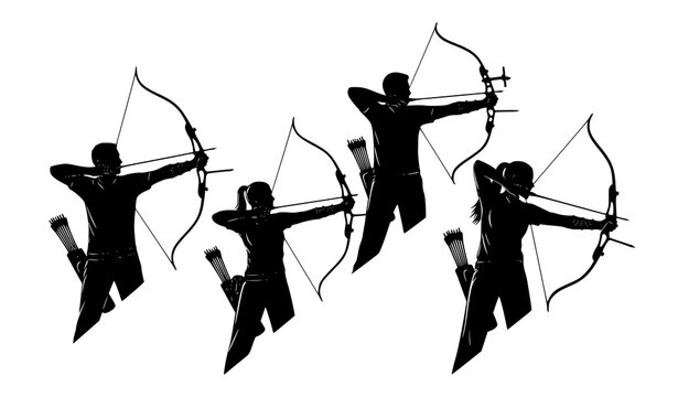 Dynamic archers silhouette collection with four figures in action poses drawing bows and arrowsDynamic archers silhouette collection with four figures in action poses drawing bows and arrows
