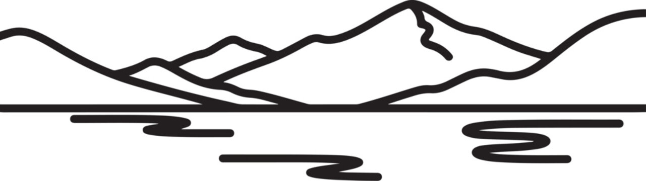 Minimalist mountain range landscape, simple black outline, vector illustration, scenic view