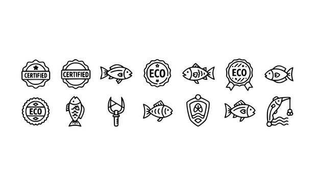Sustainable seafood icons vector with certified fish eco labels and fishing elements outline set