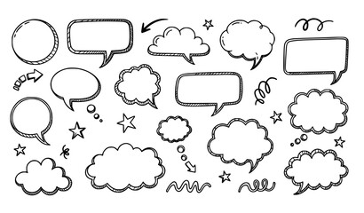 Fototapeta premium Hand-drawn speech bubbles and doodle elements vector set in black on white background