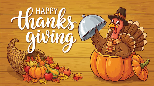 Happy Thanksgiving Cartoon Turkey Pilgrim in Pumpkin Illustration