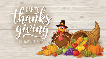 Naklejka premium Happy Thanksgiving Greeting with Turkey and Harvest Cornucopia