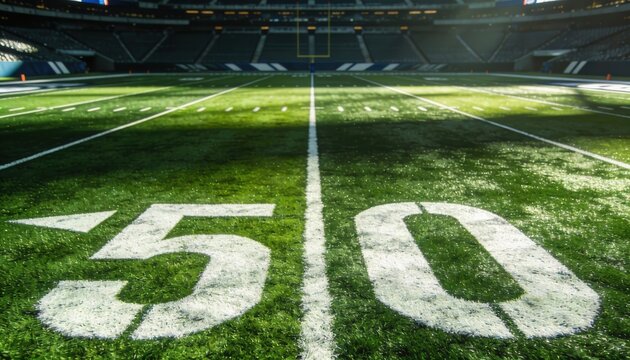 American football field 50 yard line in a large stadium. Close up of turf markings with goalposts in the background. Professional sports arena championship game day concept