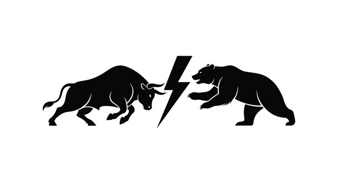 Silhouettes of a powerful bull and a charging bear confront each other, separated by a prominent lightning bolt symbol, presented on a plain white background.