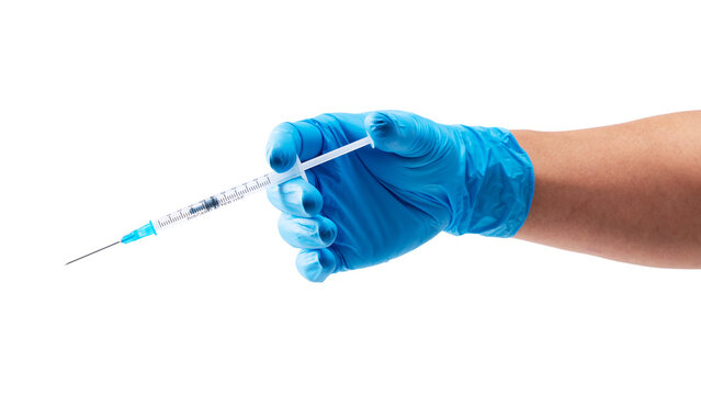 Hand in blue medical glove holding syringe isolated on transparent background