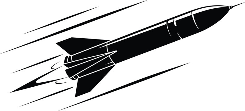 Rocket missile silhouette illustration, monochrome aerospace vector showing a fast-flyin missile with a military launch design, weapon symbol, and technology icon isolated for defense concept artwork.