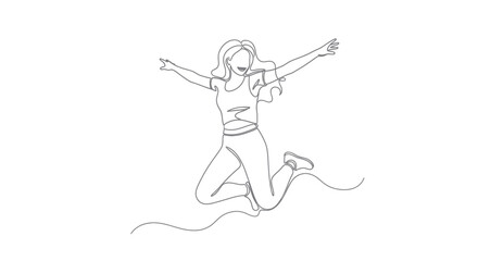 Fototapeta premium Joyful woman jumping with open arms in continuous line art style
