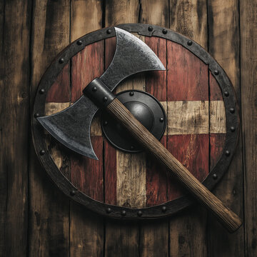 Viking shield and axe on wooden wall in rustic style
