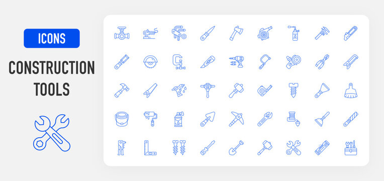 Construction tools icon. Valve, Sander, Allen Keys, Awl, Axe, Blower, Blowtorch, Clamp, Circular Saw, Chisel, Caliper, Cutter, Drill, Fretsaw, Grinder, Pliers, Hacksaw, Hammer, Hot Glue Gun vector. 