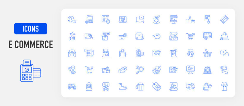E Commerce icon. Credit Card, 24 Hours Service, Add To Cart, Approved Package, Best Choice, Best Find, Price, Blogging, Buy Online, Cash Machine, Currency, Customer Service, Cut Price vector. 