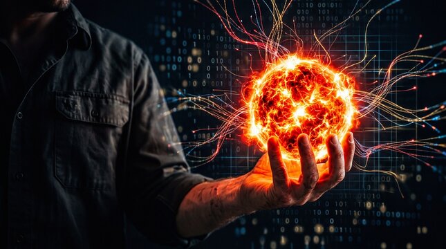 Man's hand holding a fiery energy core representing data and power against a digital background with binary code.