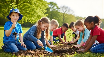 Fototapeta premium Diverse Children Planting Saplings for Environmental Awareness