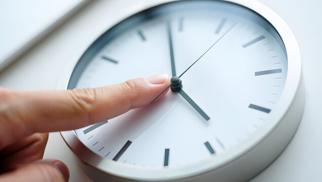High-angle shot of a person's hand with the index finger touching the center of a metal-framed analog clock displaying a specific time on a light-colored surface