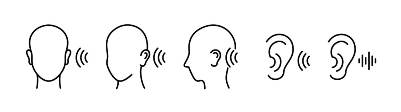 Hearing and listening icon set. Collection of icons representing hearing ability, auditory perception, and listening comprehension.
