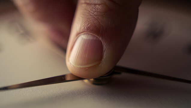 High-angle shot of a person's hand with the index finger touching the center of a metal-framed analog clock displaying a specific time on a light-colored surface